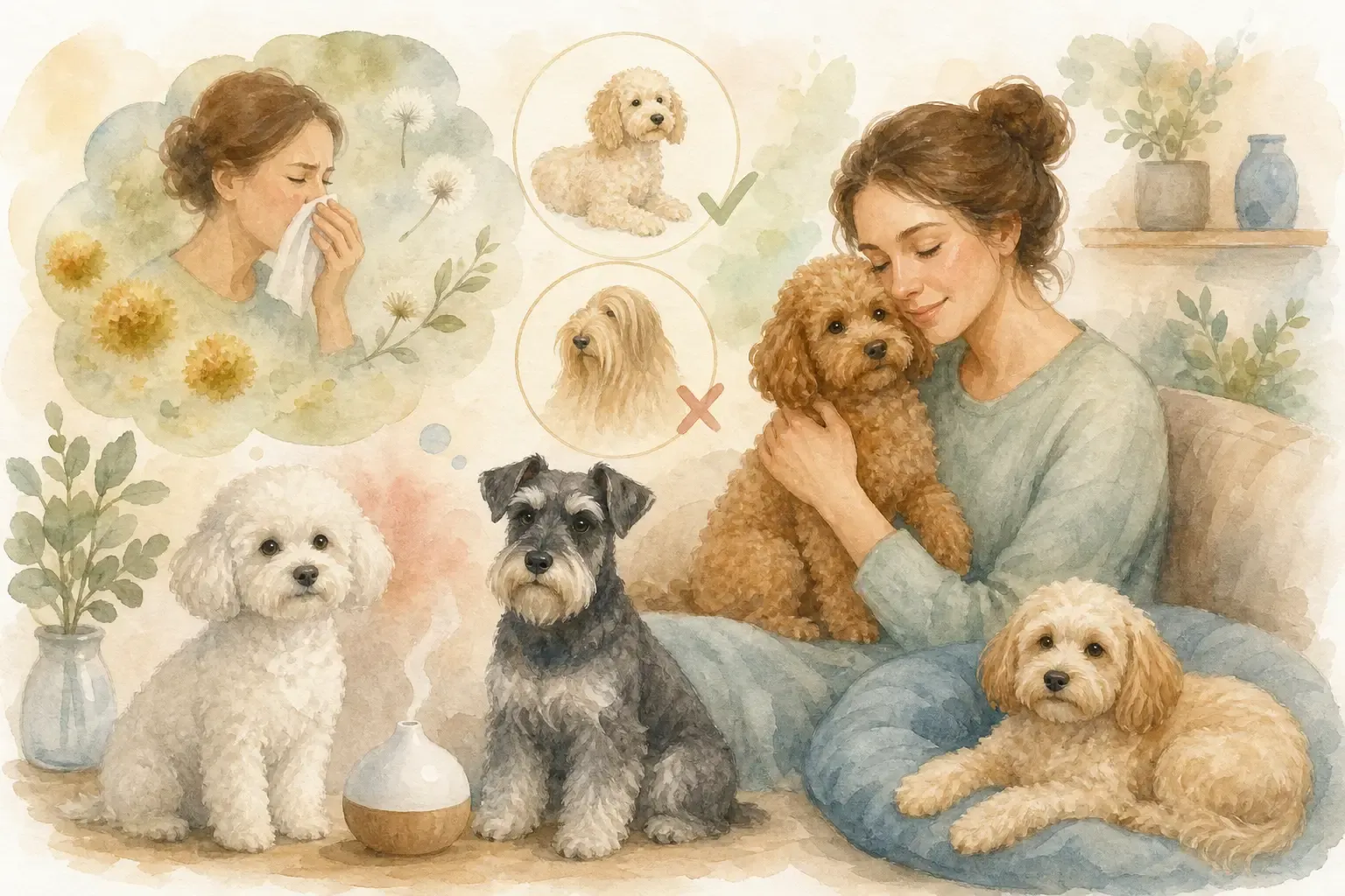 Pudel und Bichon Frisé sitzen nebeneinander auf einer Wiese als Beispiele für allergiker hunde