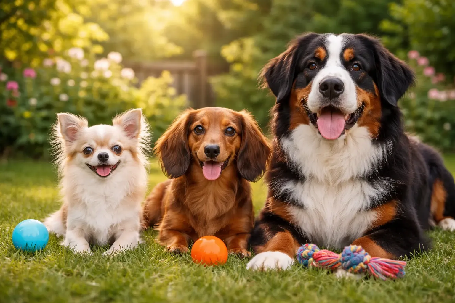 Chihuahua, Dackel und Berner Sennenhund zusammen im Garten