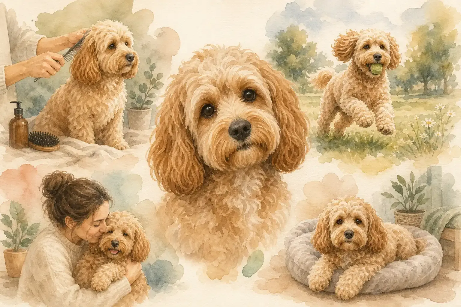 Cockapoo mit lockigem Fell sitzt auf einer Wiese und schaut in die Kamera