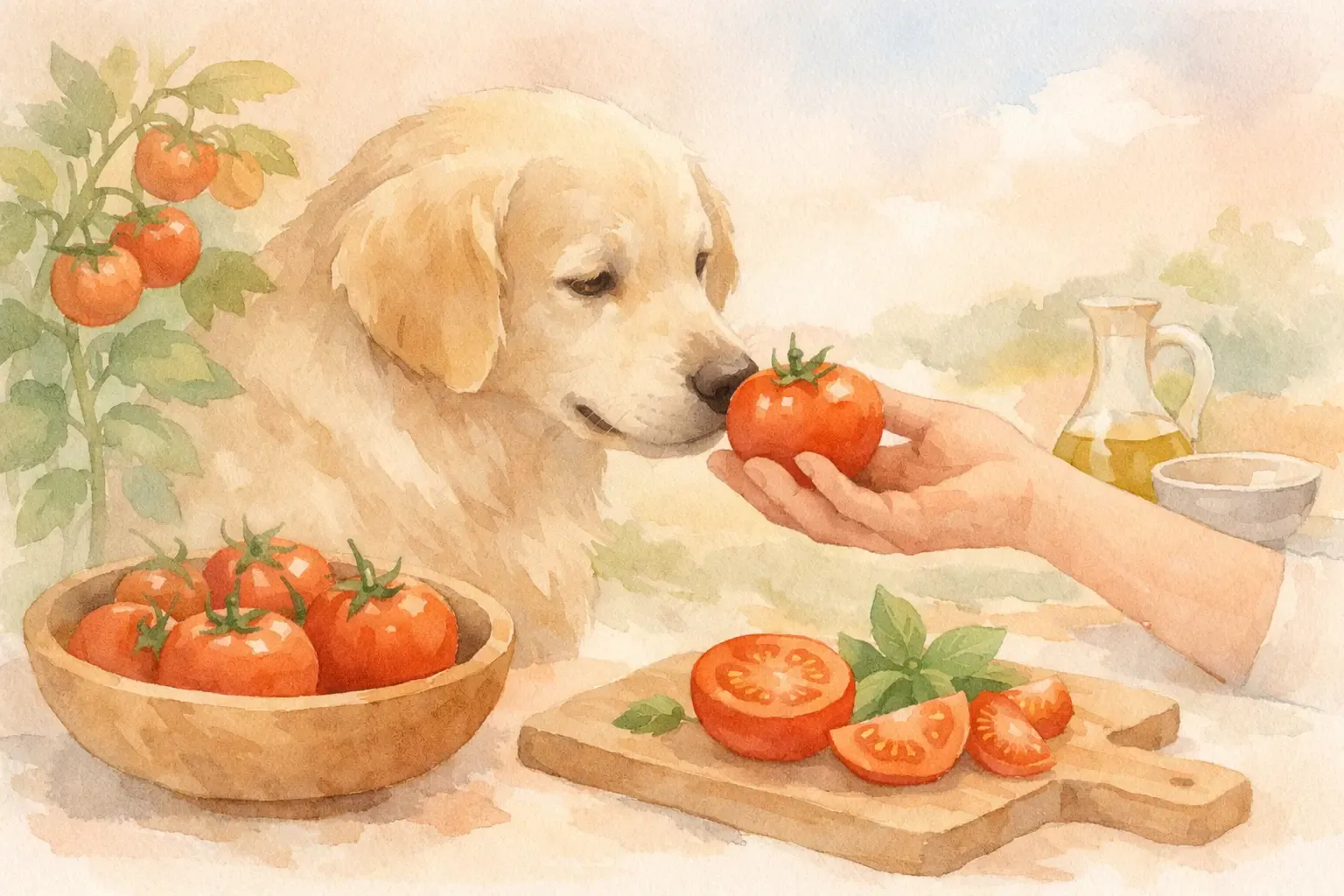 Hund neben reifen roten Tomaten auf einer Wiese