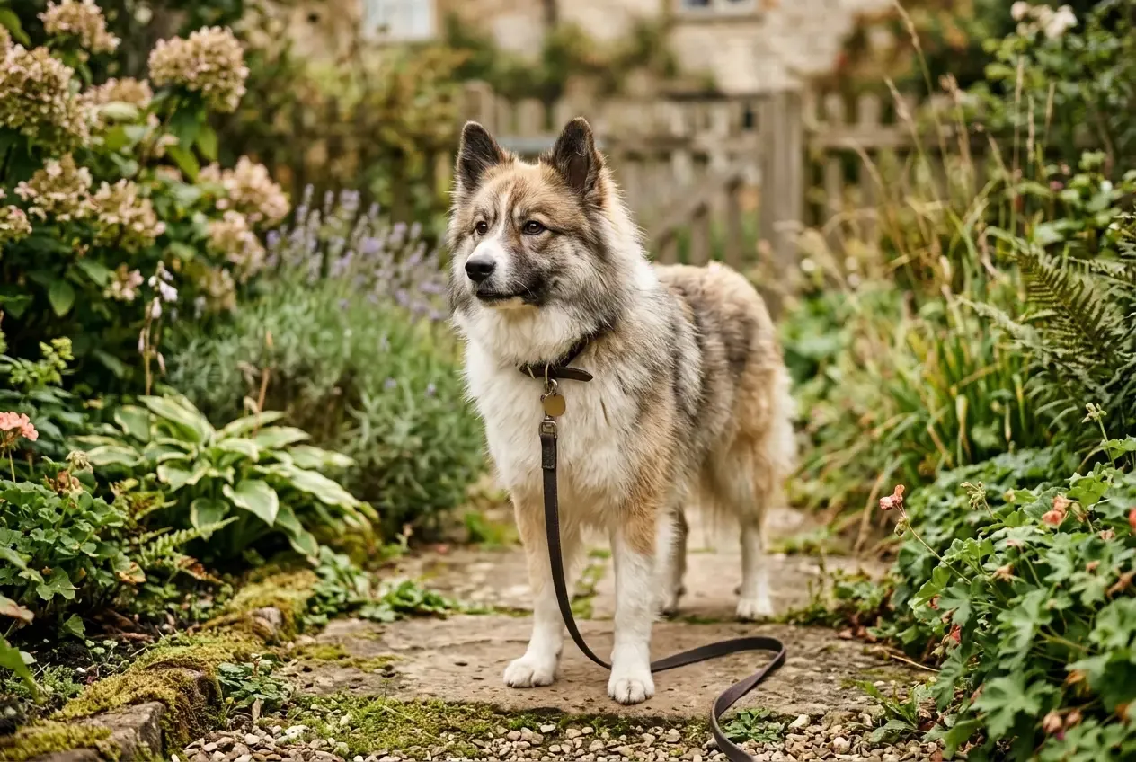 Elo Hund in verschiedenen Fellfarben steht aufmerksam im Garten