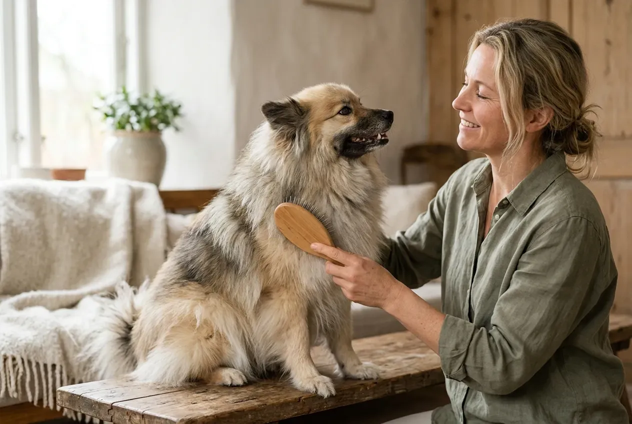 Elo Hund wird gebürstet und genießt die Fellpflege