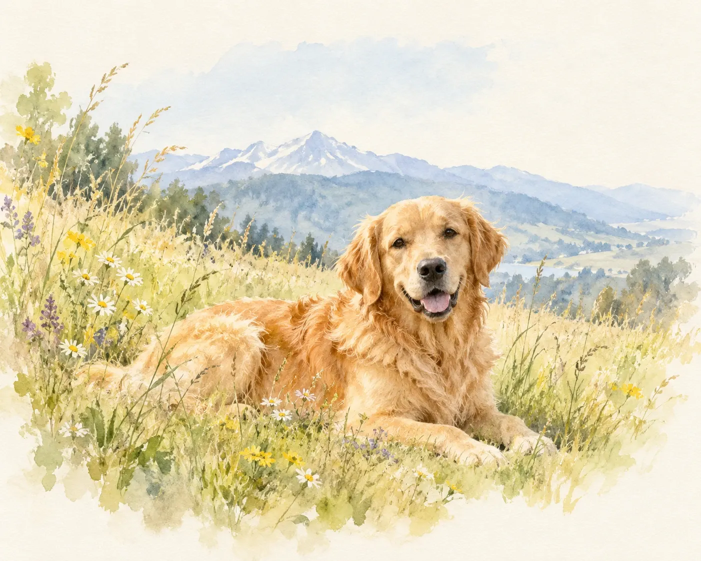 Golden Retriever liegt entspannt in einer Sommerwiese vor Bergen