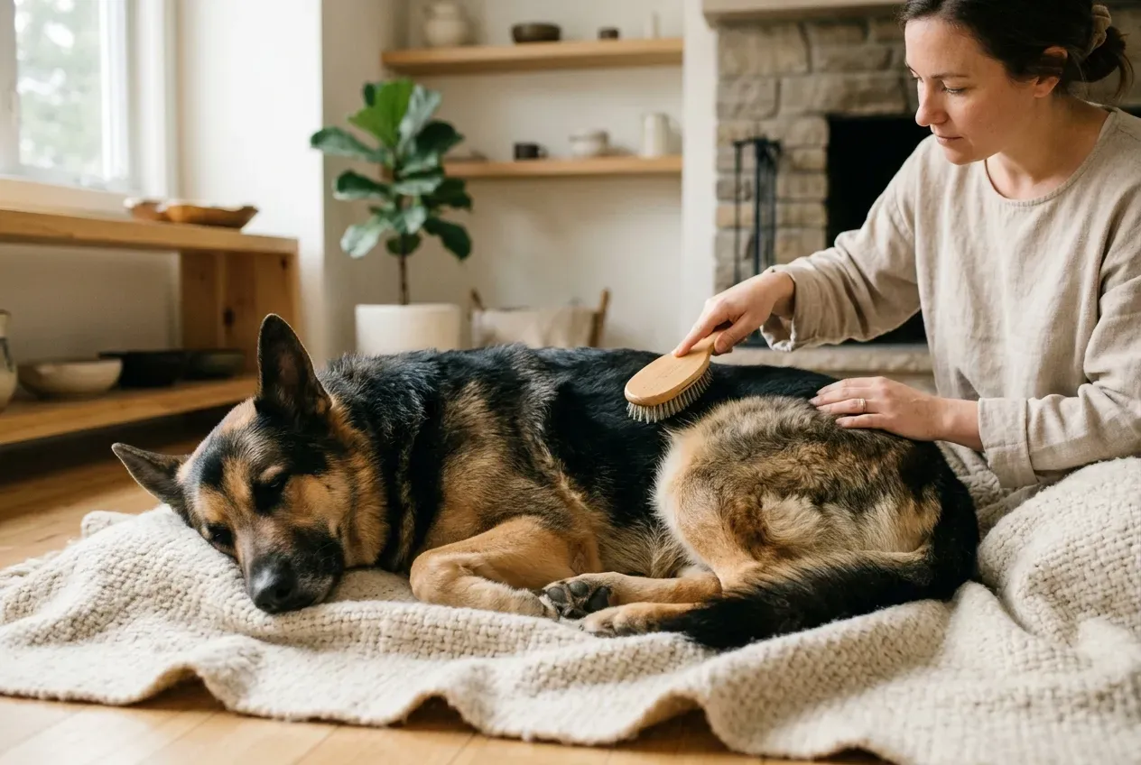 Hund liegt entspannt während des Bürstens auf einer Decke