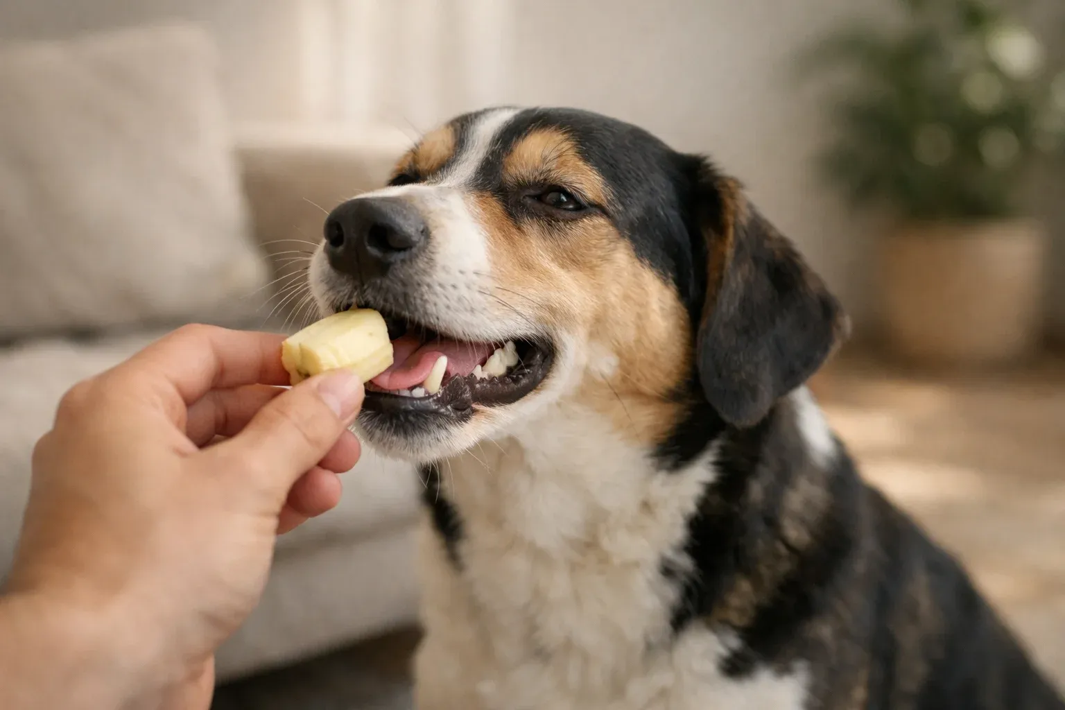 Hund frisst glücklich ein Stück Banane aus der Hand seines Besitzers