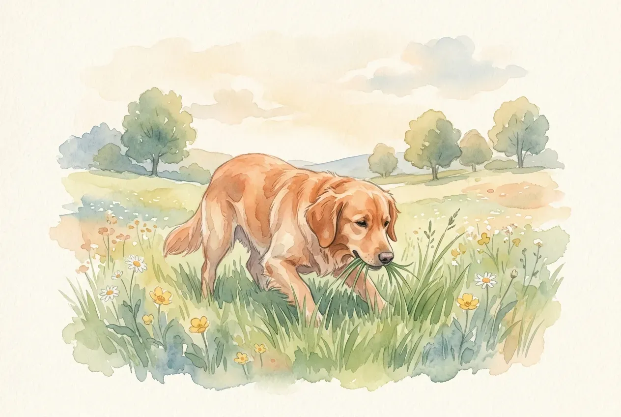 Hund frisst Gras auf einer grünen Wiese im Sonnenlicht