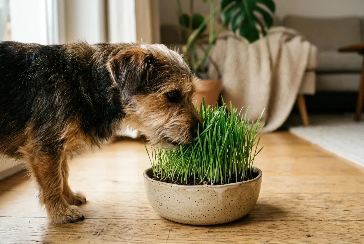 Hund schnüffelt an frischem Katzengras in einer Schale