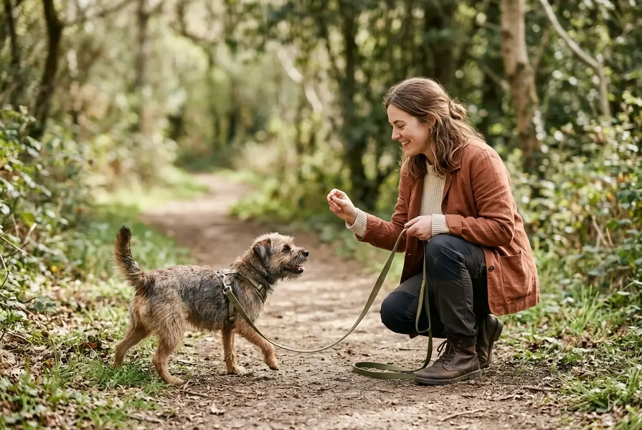 Hund wird beim Spaziergang von Halter abgerufen - Training gegen Kotfressen