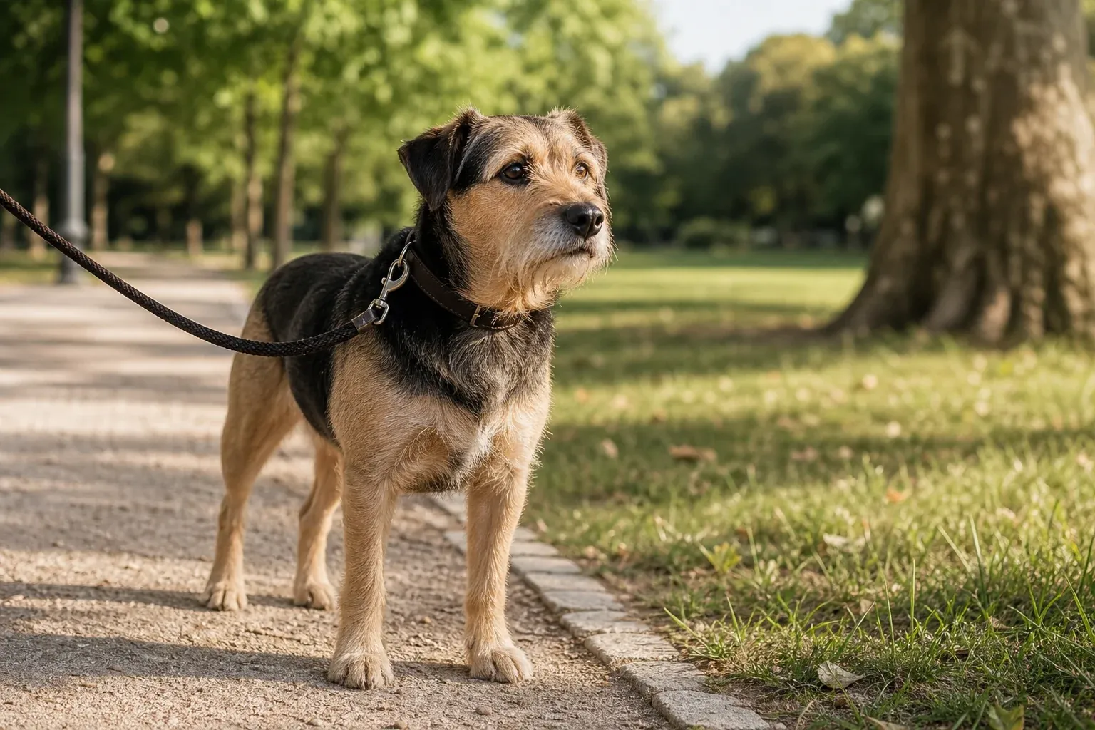 Hund mit Leine im Stadtpark
