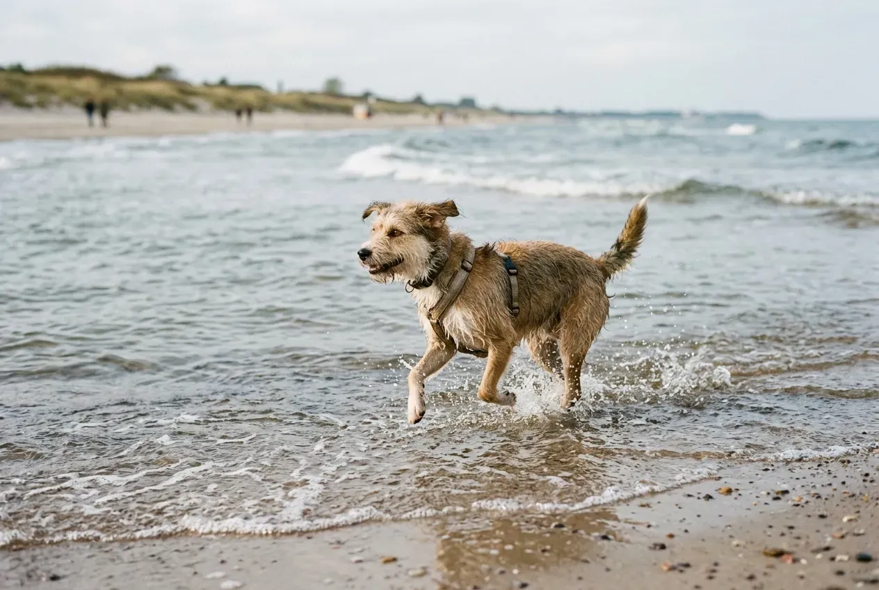 Hund läuft am Ostseestrand durch flaches Wasser