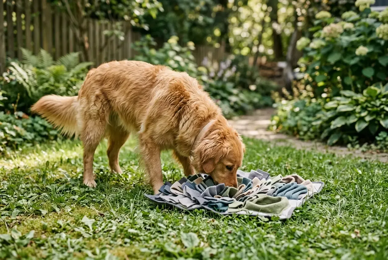 Hund beim Schnüffelspiel im Garten - geistige Auslastung gegen Langeweile