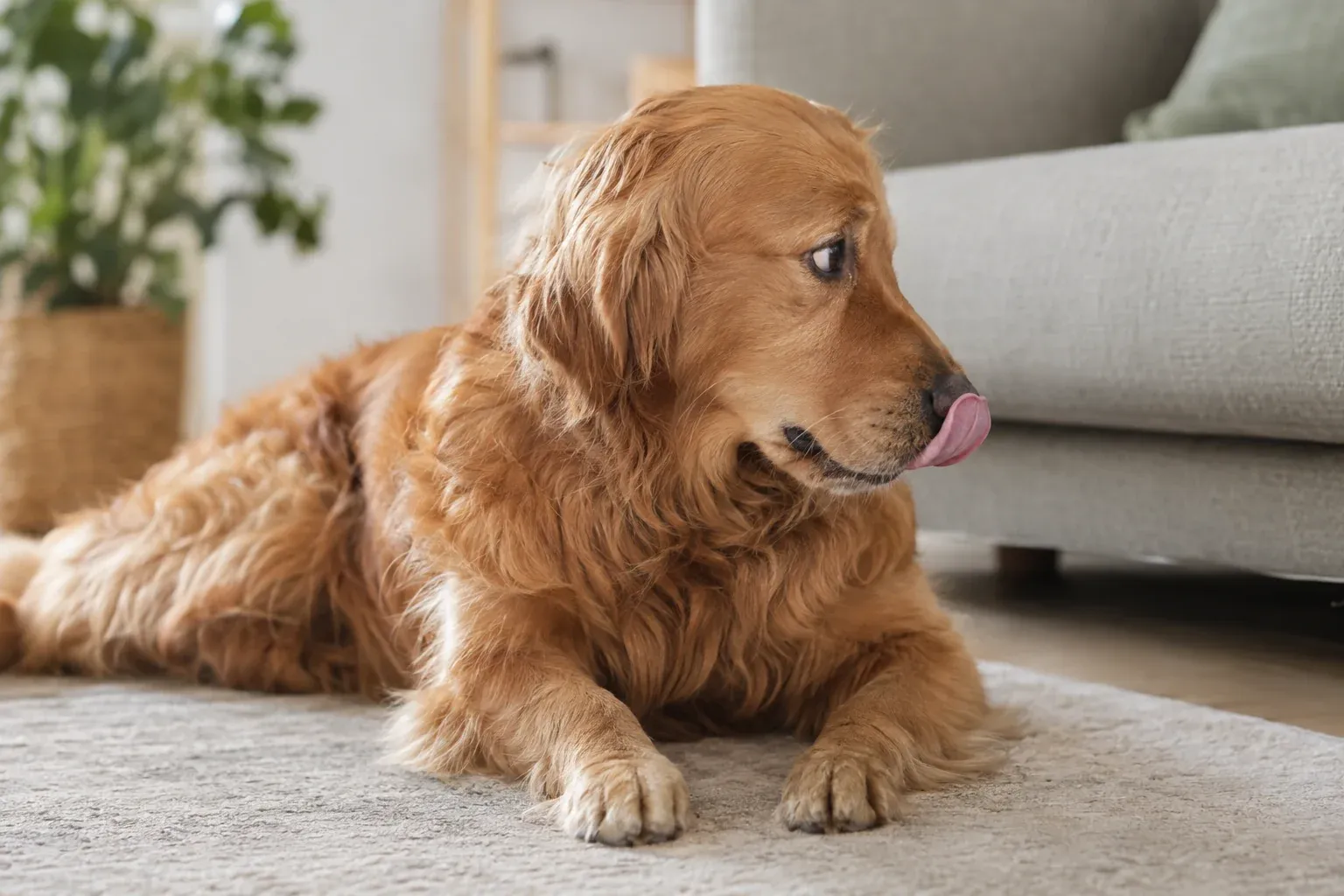 Hund zeigt Stresssignale: Lecken über die Nase und abgewendeter Blick