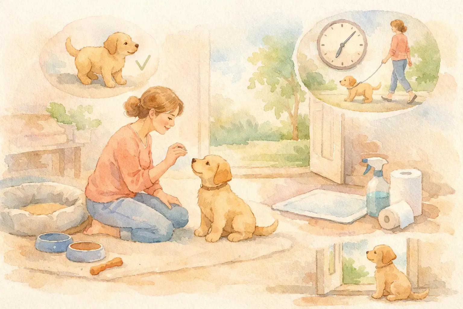 Welpe wartet an der Haustür um nach draußen zu gehen