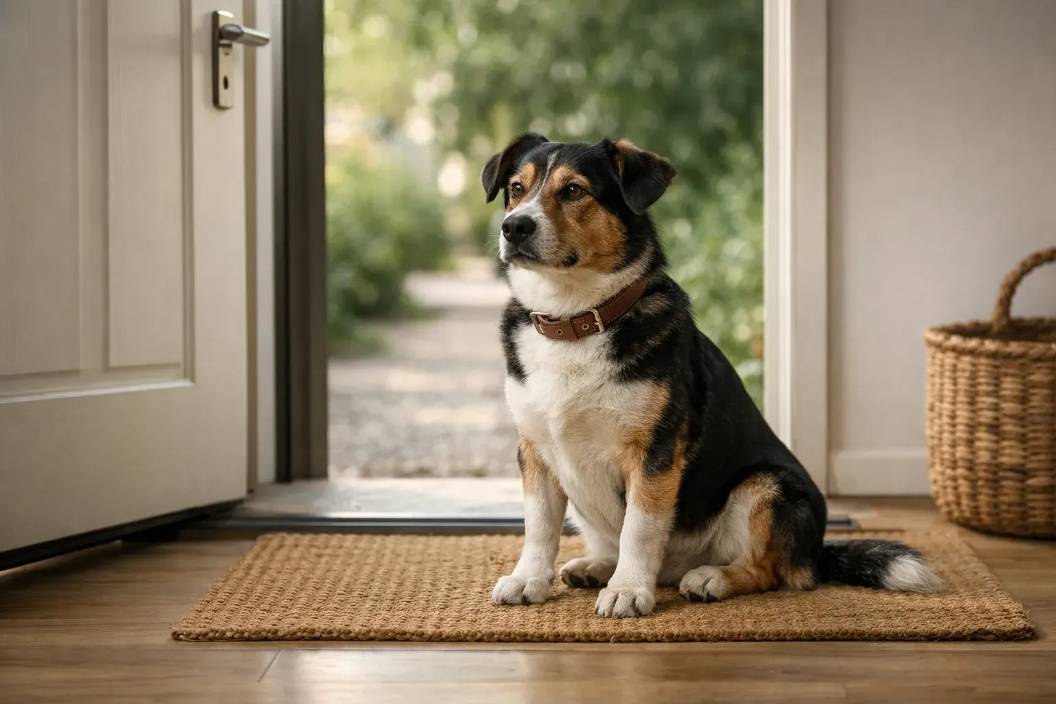 Hund wartet geduldig vor der offenen Haustür