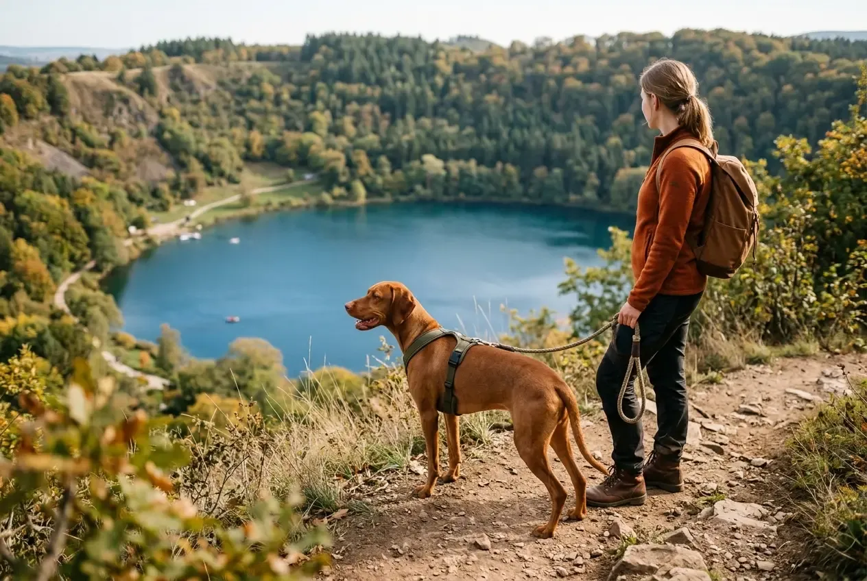Hund beim Wandern in der Eifel mit Blick auf einen Vulkansee