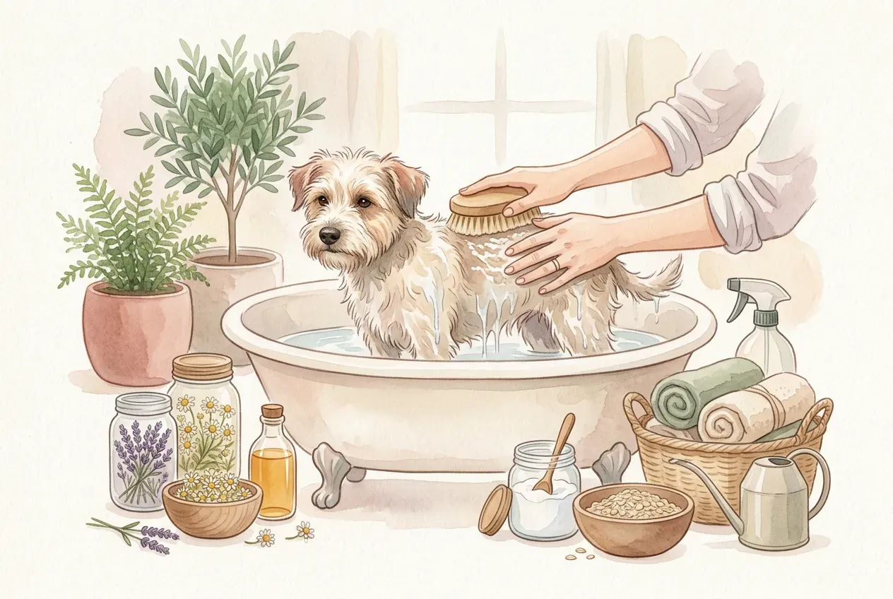 Hund wird sanft mit natürlichen Hausmitteln in der Badewanne gewaschen