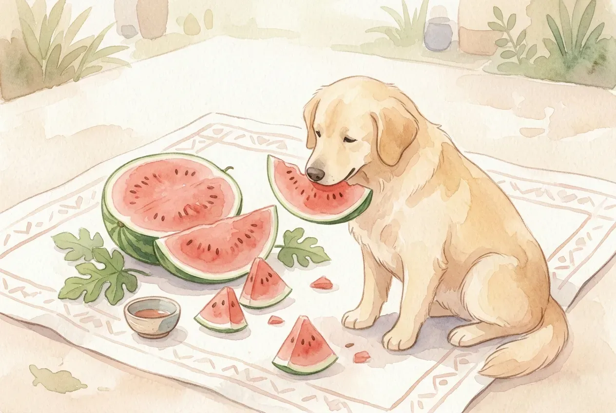 Hund frisst ein Stück Wassermelone im Sommer auf der Wiese