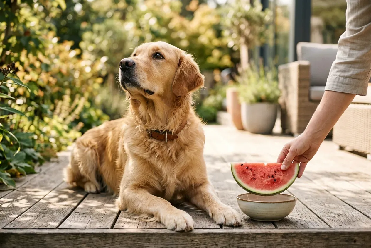 Hund wartet auf ein Stück Wassermelone als Sommersnack