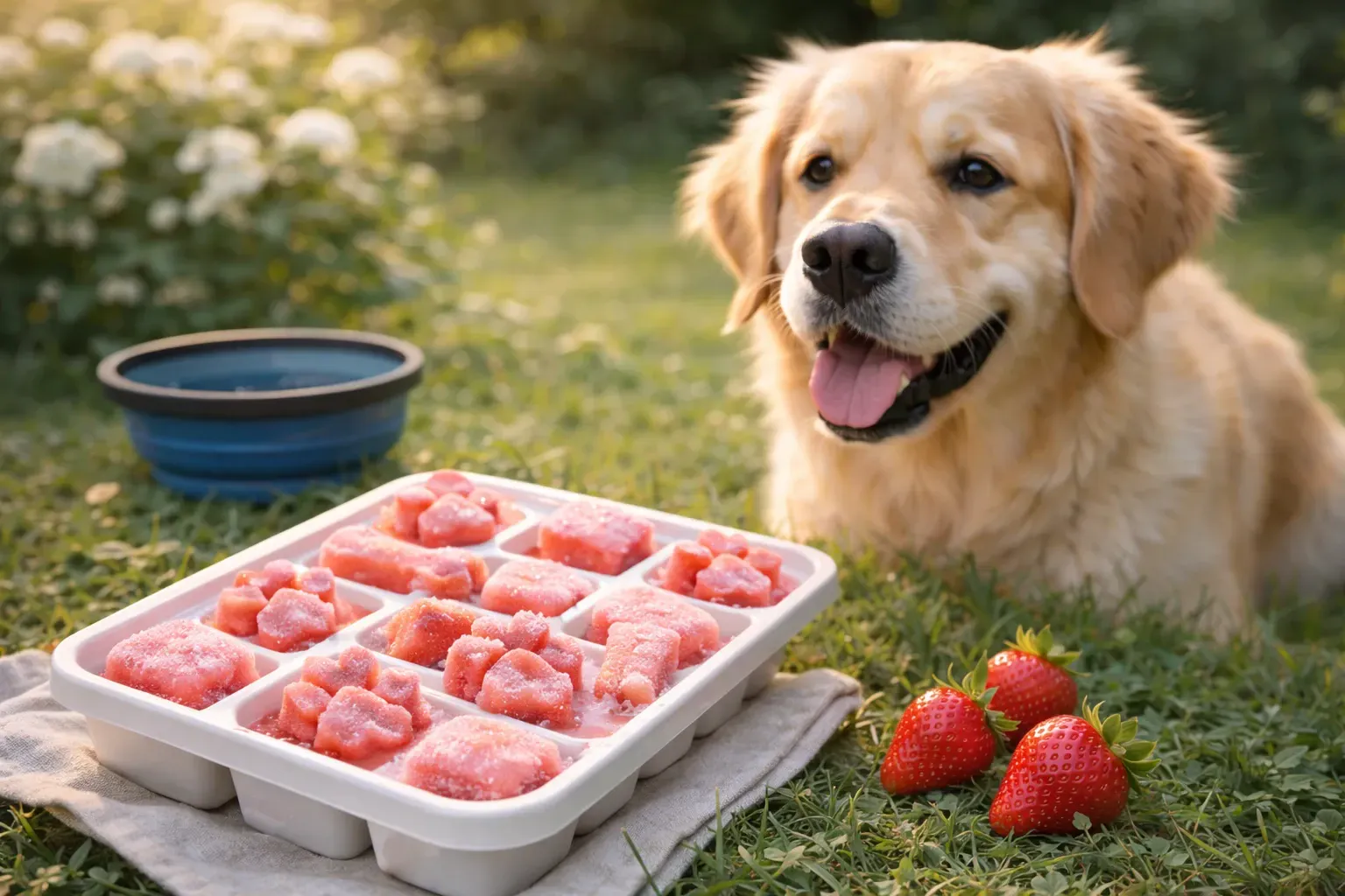 Hund mit Erdbeereis-Eiswürfel als sommerlicher Snack