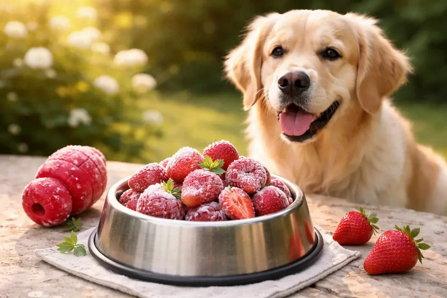 Hund mit gefrorenen Erdbeeren im Kong-Spielzeug