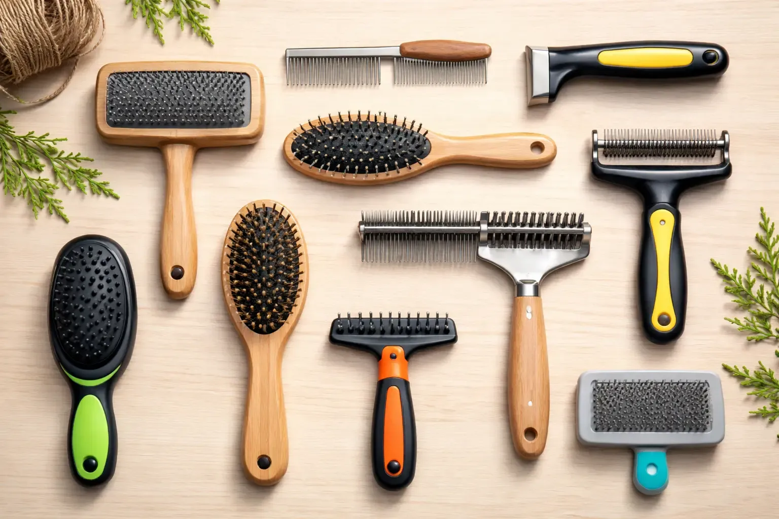 Verschiedene Hundebürsten und Kämme professionell arrangiert auf hellem Holzuntergrund