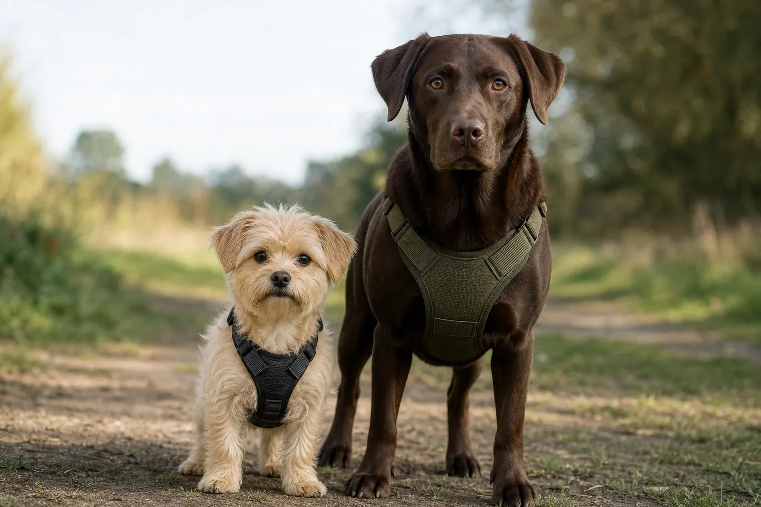 Kleiner Hund und großer Hund tragen unterschiedlich geschnittene Geschirre nebeneinander