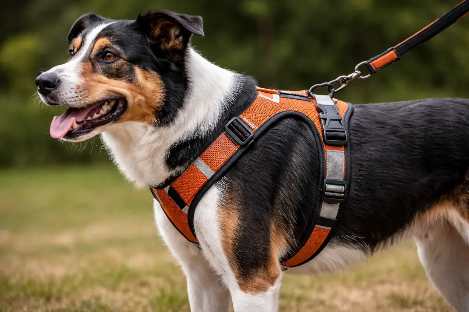 Nahaufnahme eines mittelgroßen Hundes mit ergonomischem Hundegeschirr in Y-Form, seitliche Ansicht mit freier Schulterbewegung