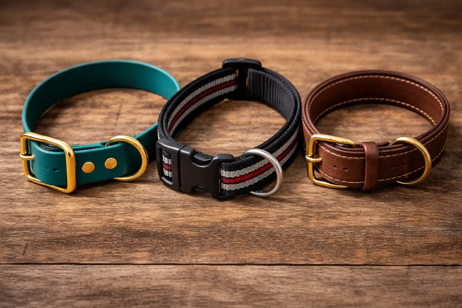 Verschiedene Hundehalsband-Materialien im Vergleich: Biothane-, Nylon- und Lederhalsband nebeneinander angeordnet