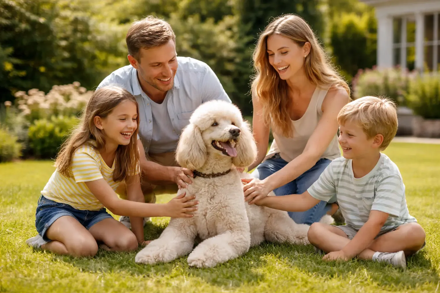 Hunderasse für Anfänger -- Familie mit Hund im Garten