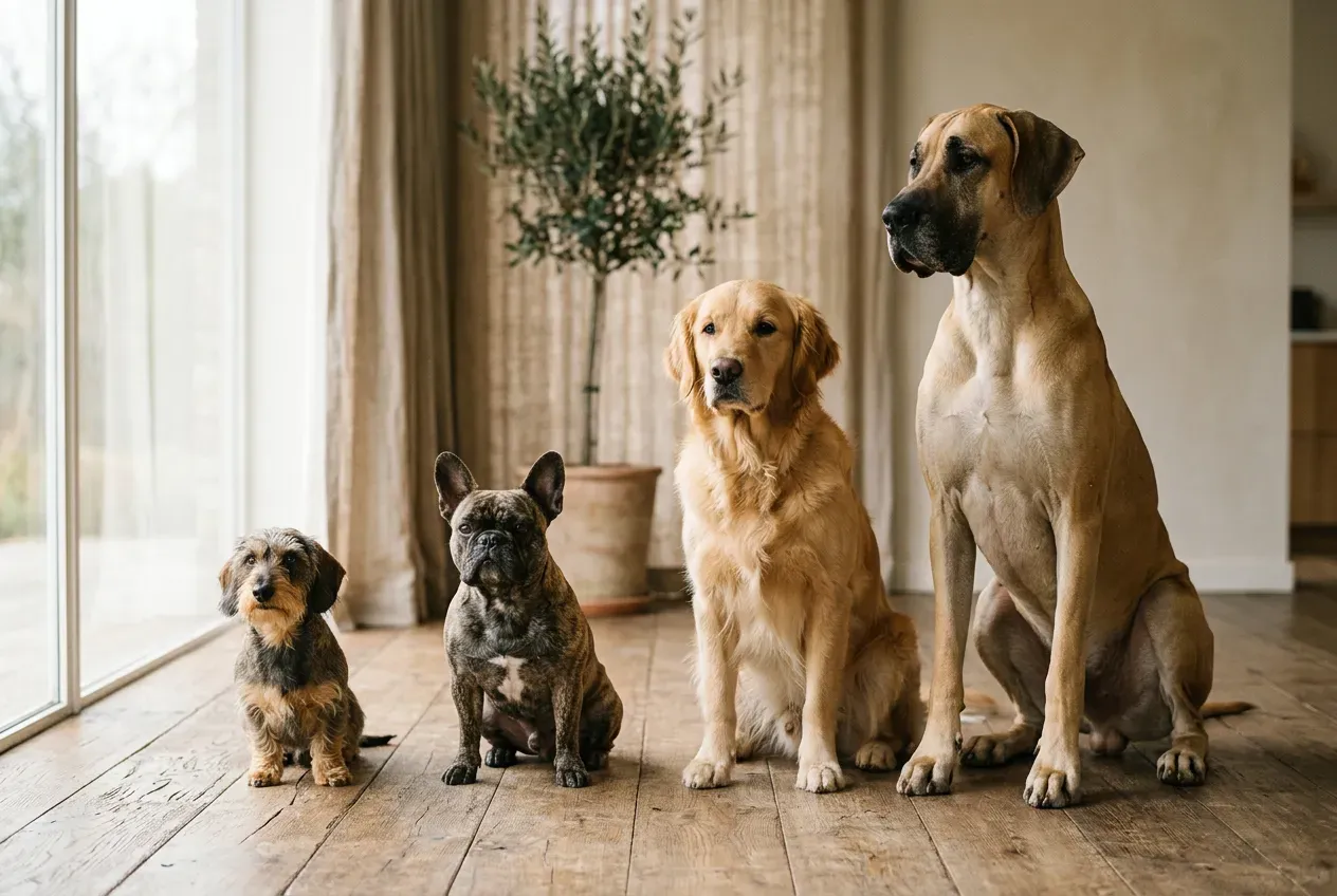 Größenvergleich verschiedener Hunderassen nebeneinander