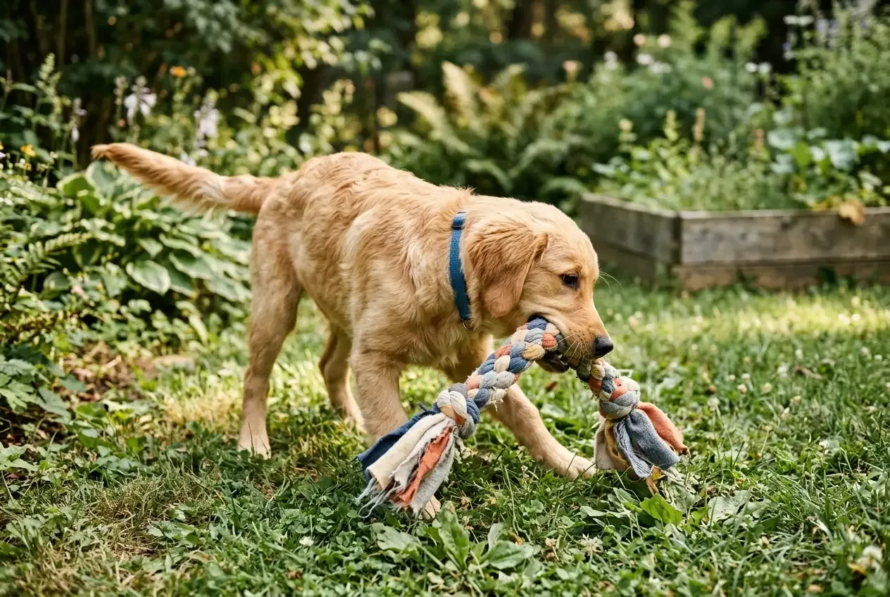 Hund spielt mit selbstgemachtem Zerrspielzeug aus Stoff im Garten
