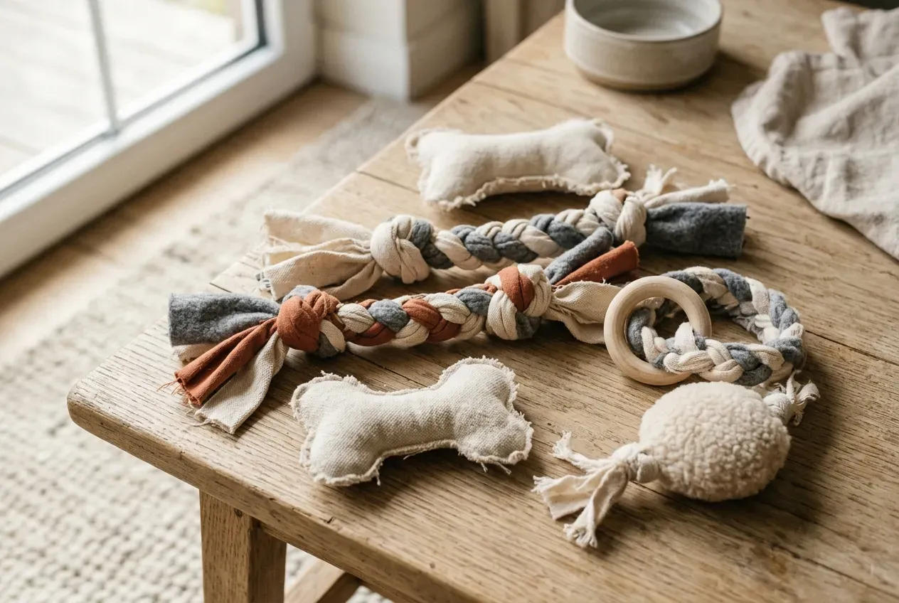 Verschiedene Naturstoffe wie Baumwolle und Fleece als Materialien für selbstgemachtes Hundespielzeug