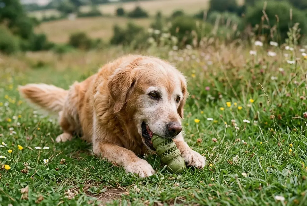Senior-Hund spielt mit weichem Kauspielzeug aus Naturkautschuk auf einer Wiese