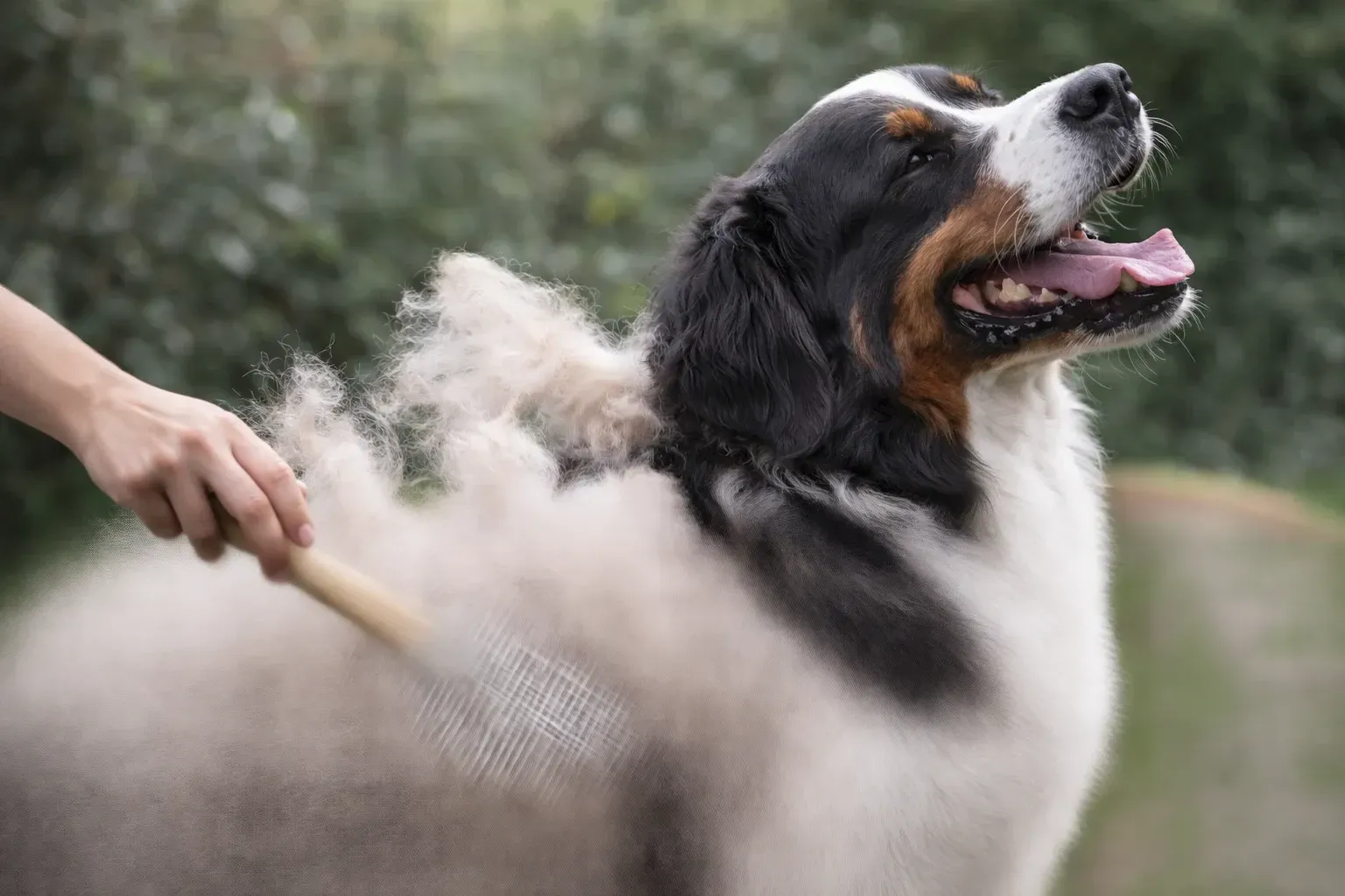 Husky und Berner Sennenhund beim Fellwechsel – Unterwolle wird ausgebürstet