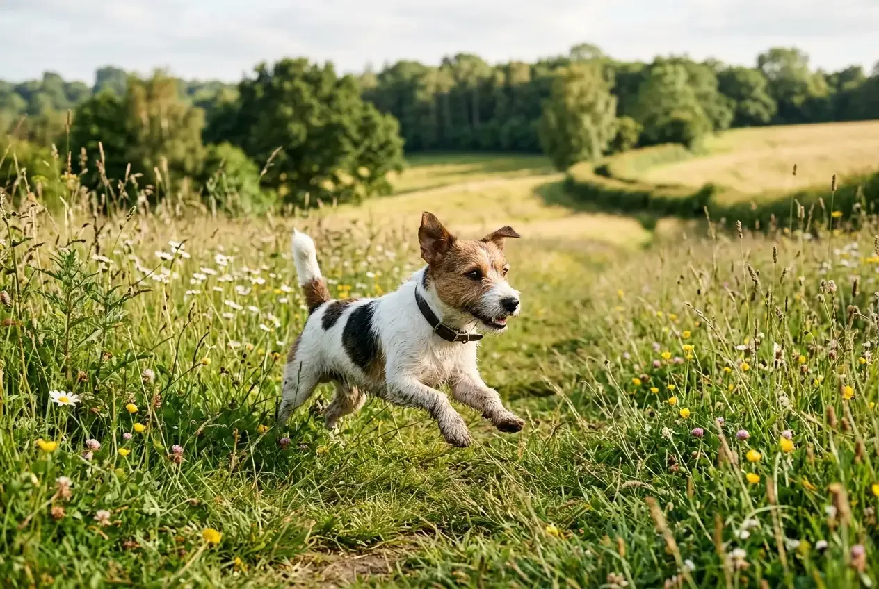Jack Russell Terrier läuft über eine Wiese