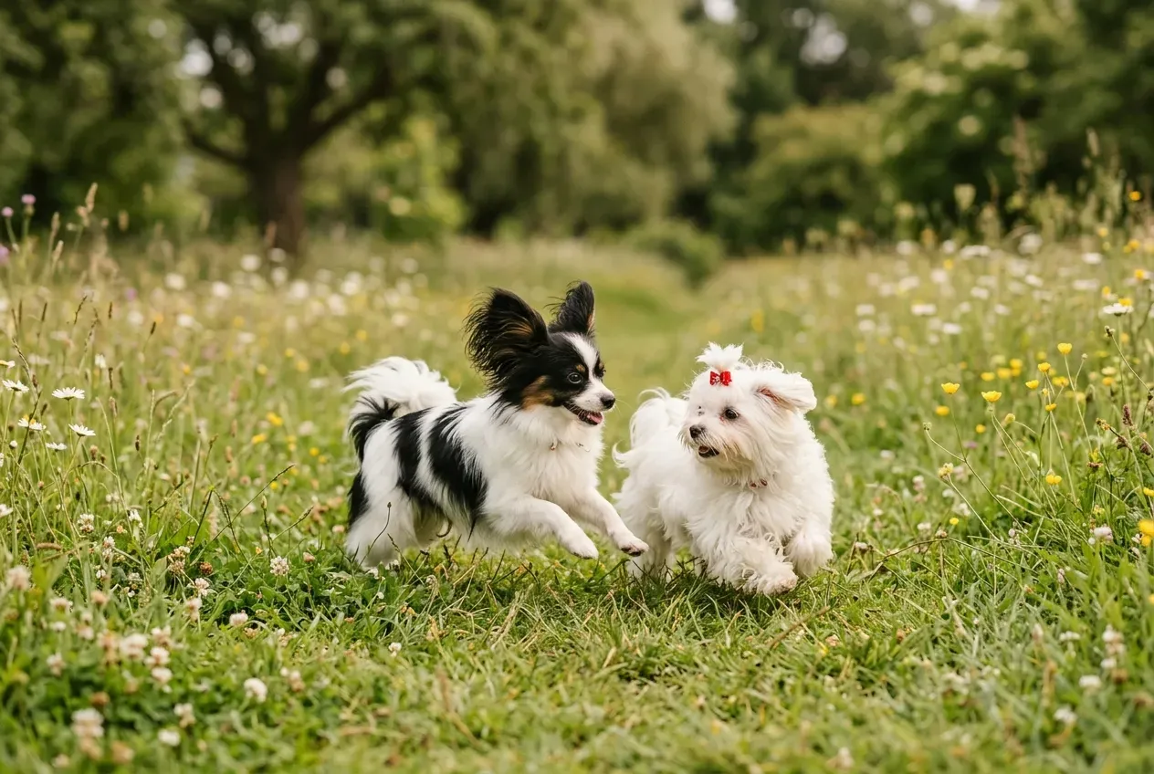 Papillon und Malteser spielen gemeinsam auf einer Wiese
