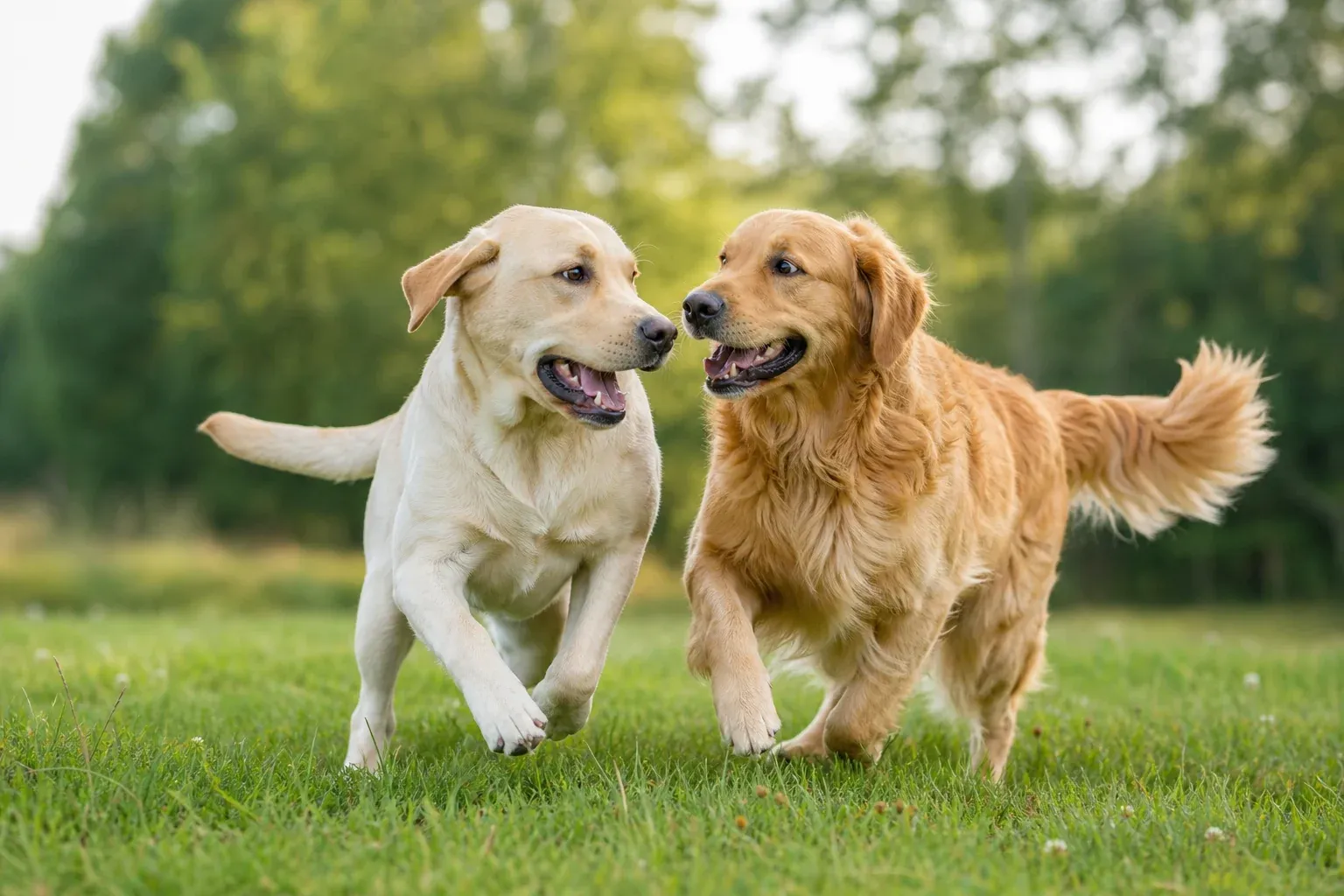 Labrador Retriever und Golden Retriever spielen gemeinsam auf einer Wiese
