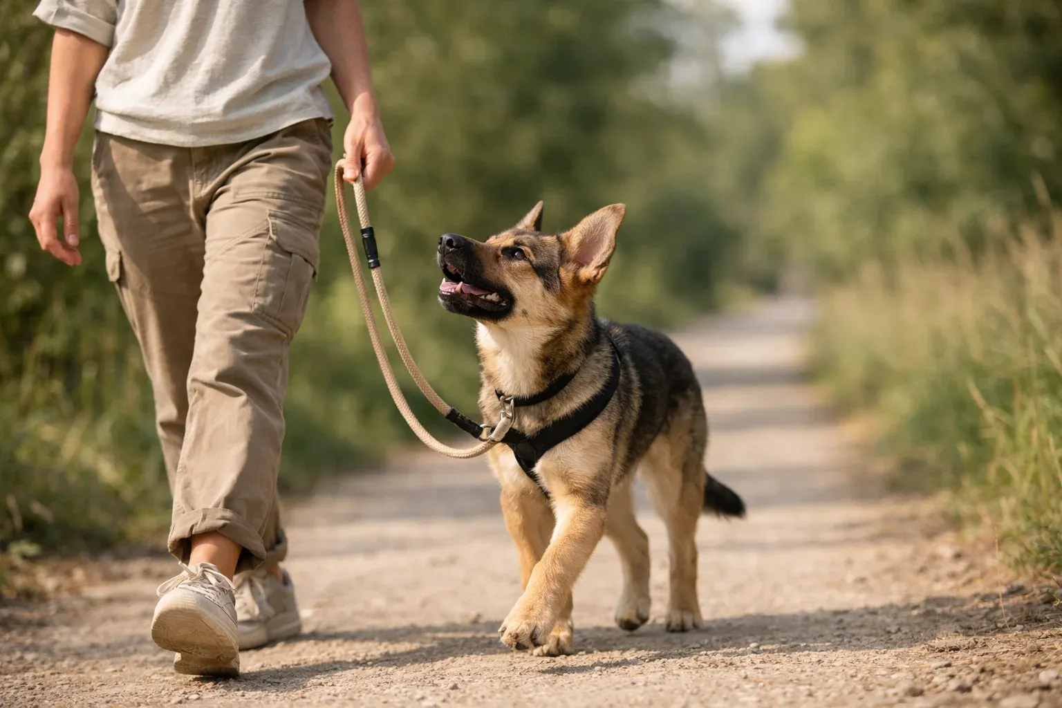Junghund trainiert Leinenführigkeit auf einem ruhigen Spazierweg