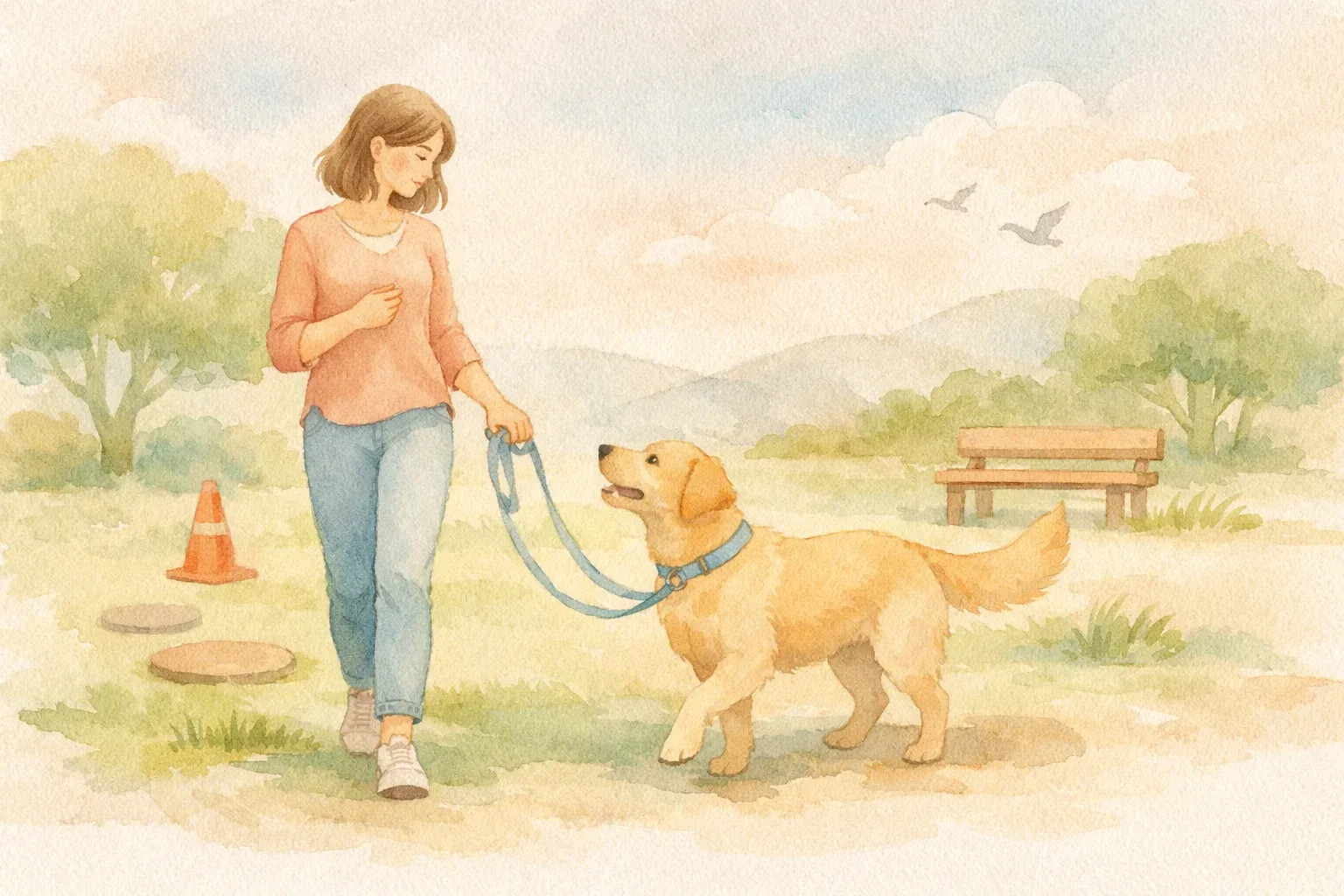 Hund läuft entspannt an lockerer Leine neben seinem Halter