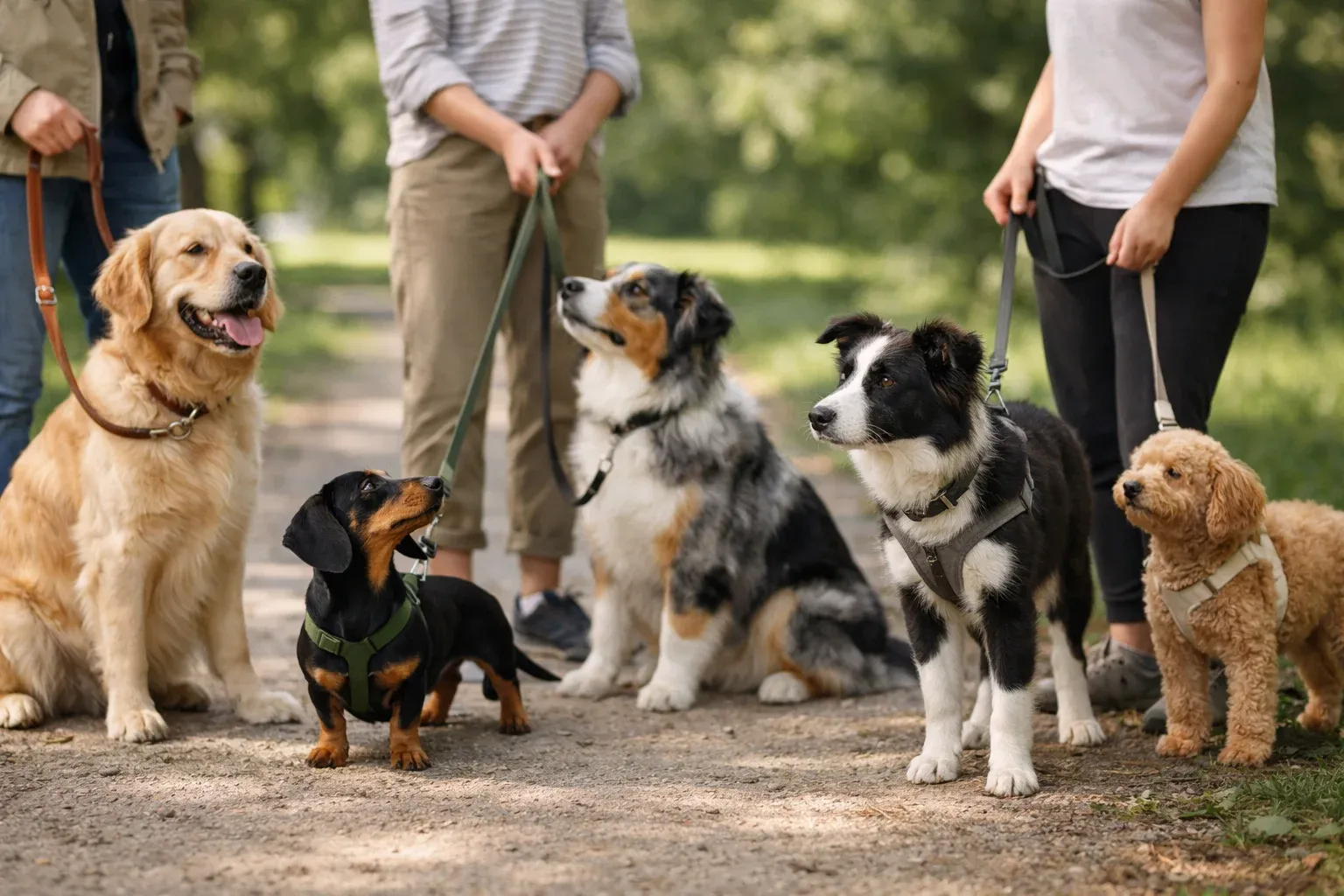 Verschiedene Hunderassen beim Leinentraining im Park