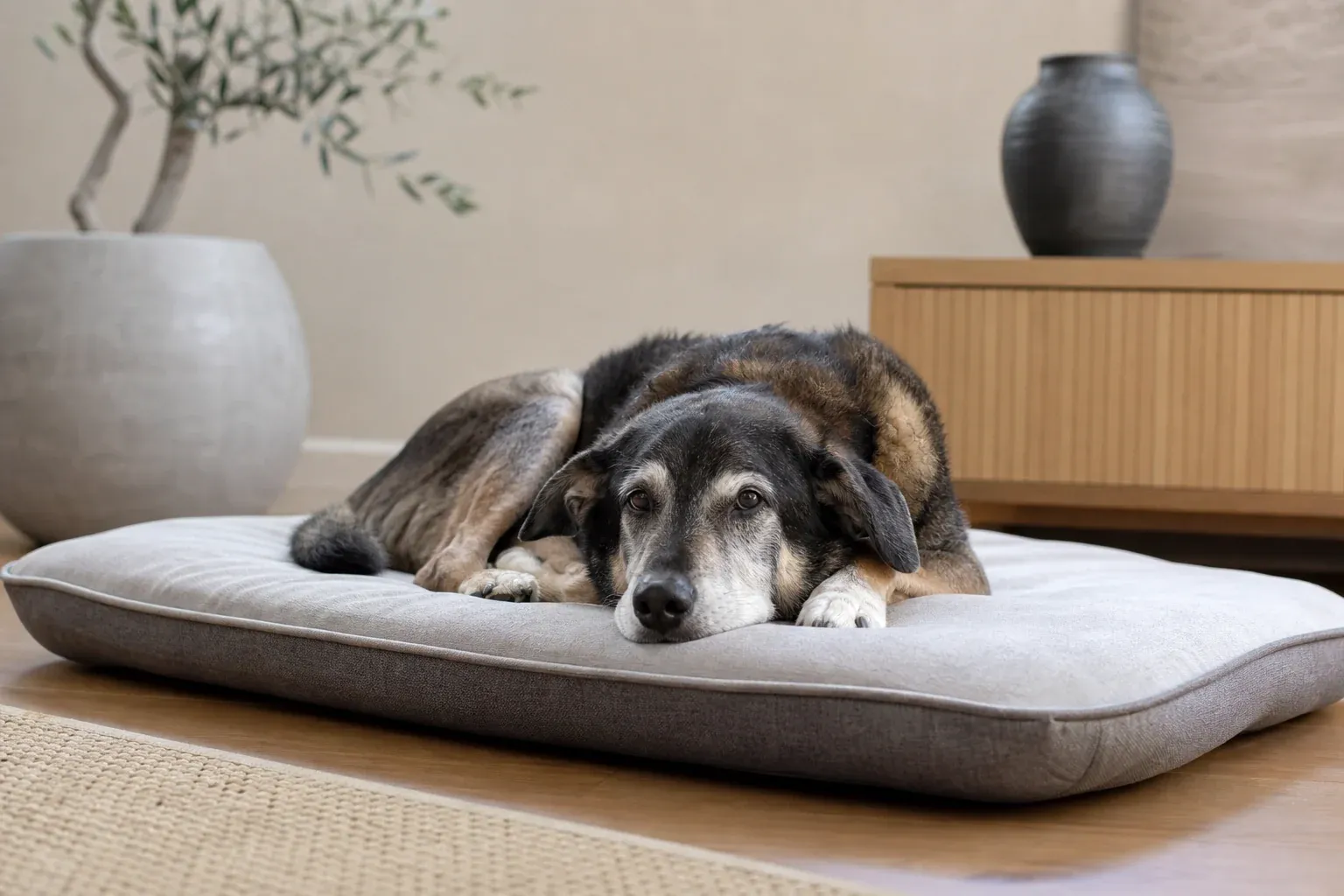 Älterer Hund liegt entspannt auf einem orthopädischen Hundebett mit Memory-Schaum