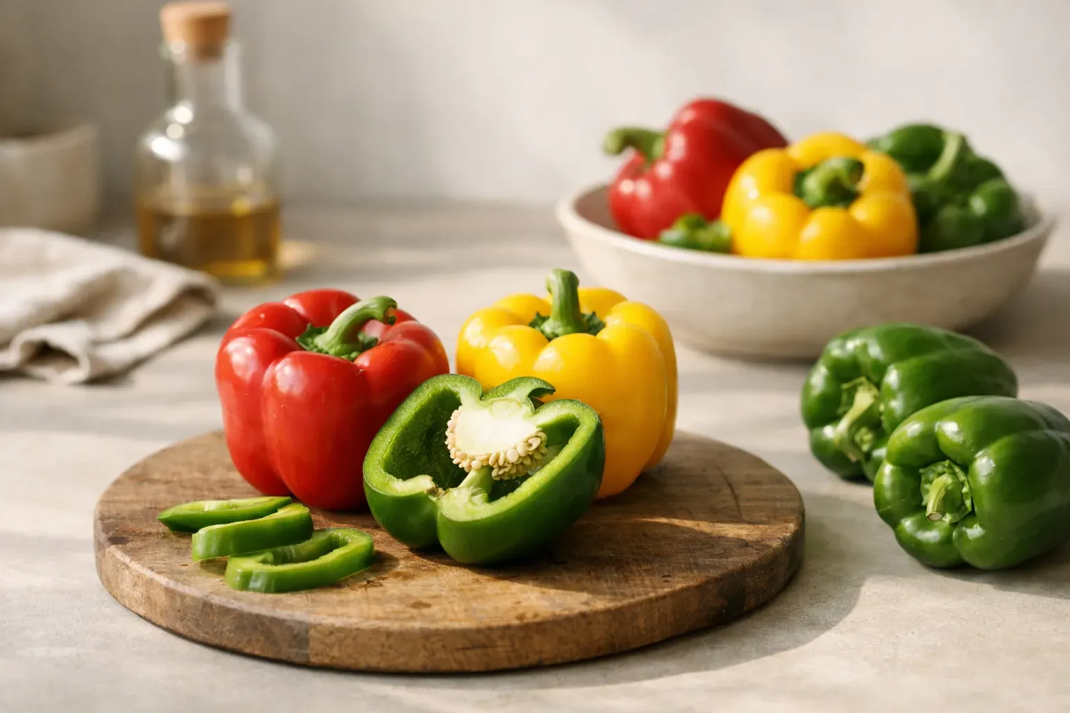 Verschiedene Paprikasorten in rot gelb und grün auf einem Küchentisch