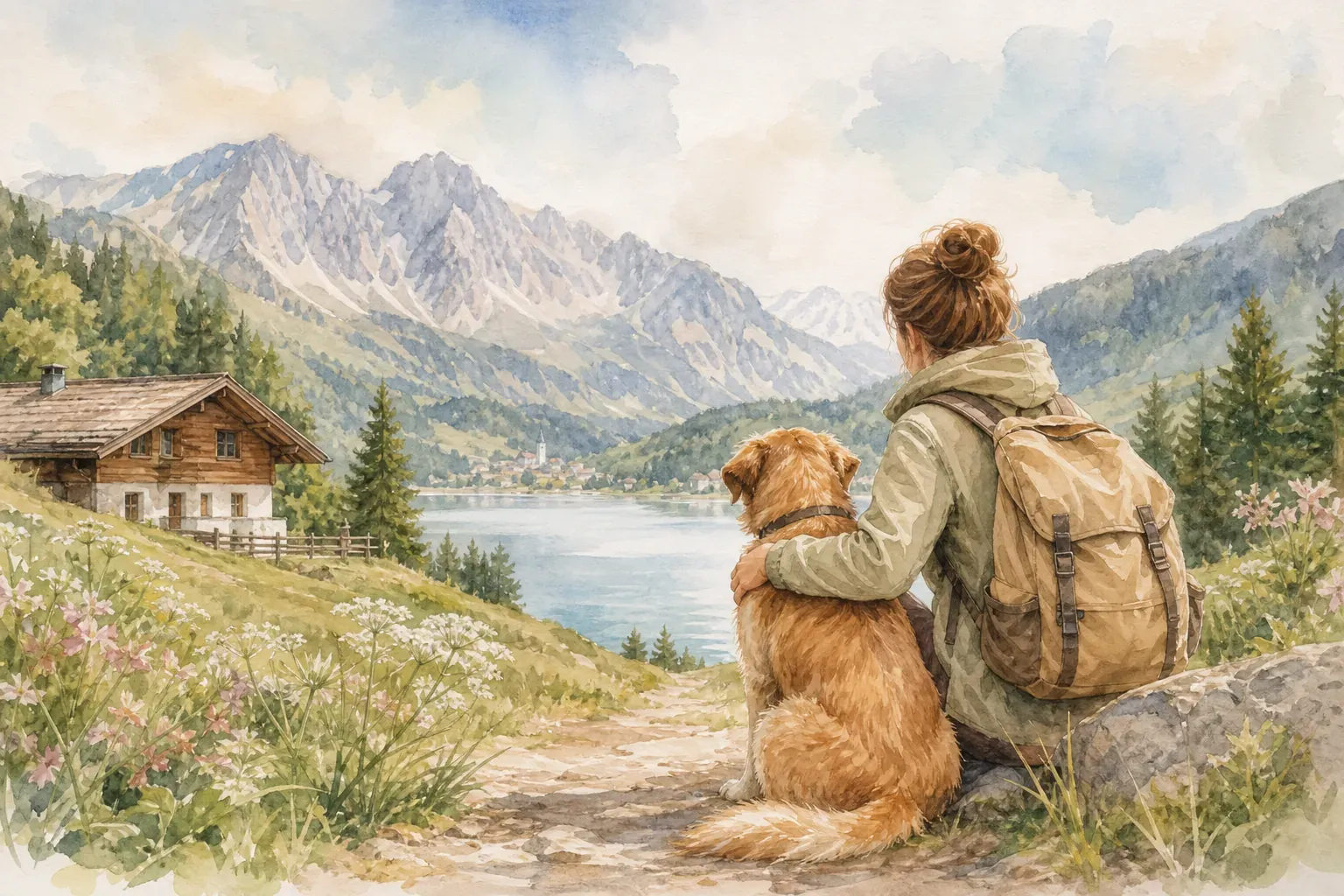 Hund auf einer Bergwiese in Österreich mit Blick auf Alpengipfel