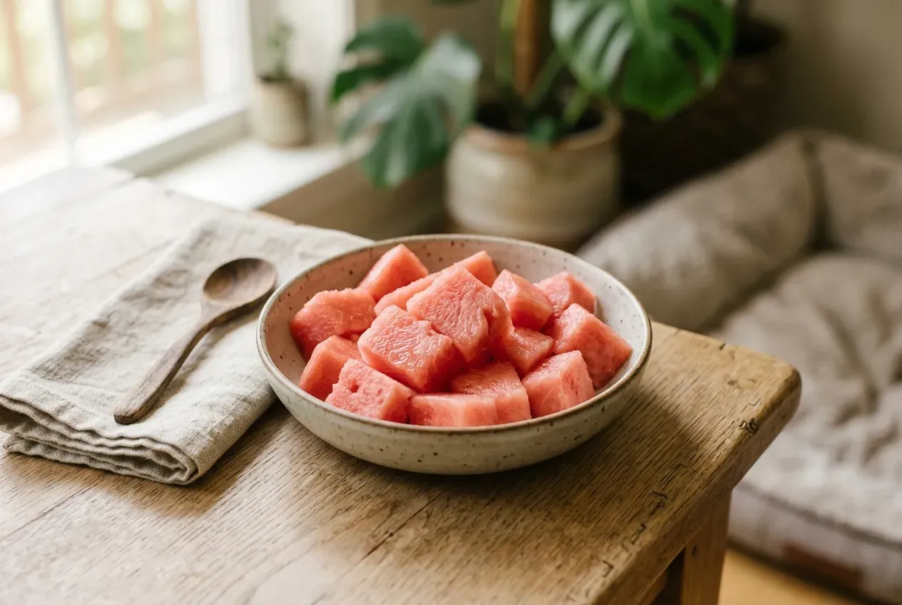 Wassermelone ohne Kerne in hundegerechte Stücke geschnitten