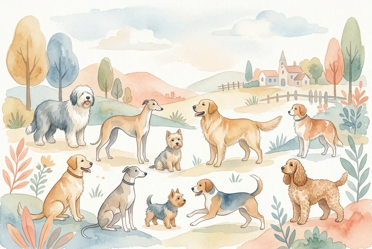 Verschiedene Hunderassen nebeneinander auf einer Wiese