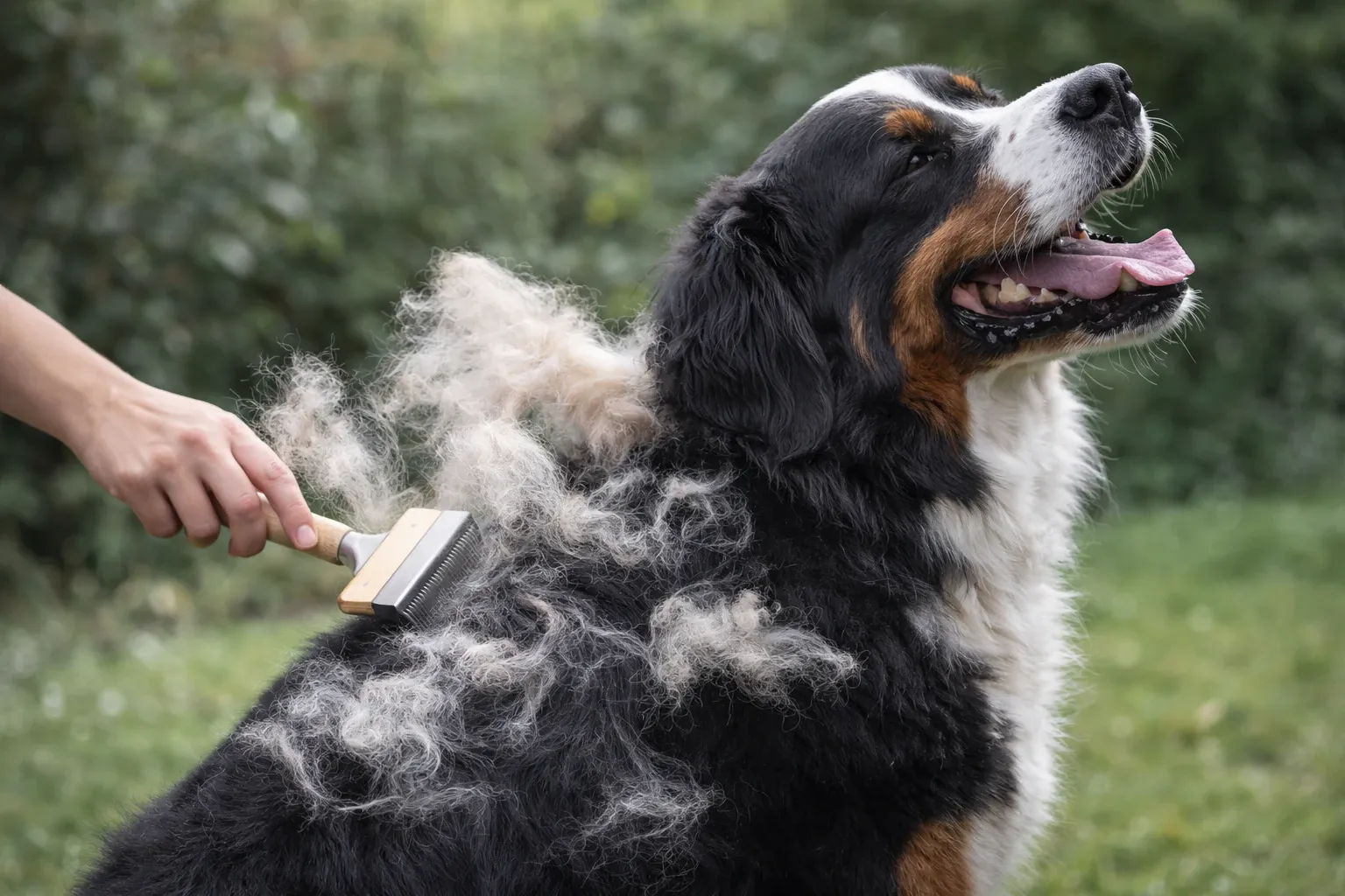 Hund beim Ausbürsten im Fellwechsel, lose Unterwolle deutlich sichtbar