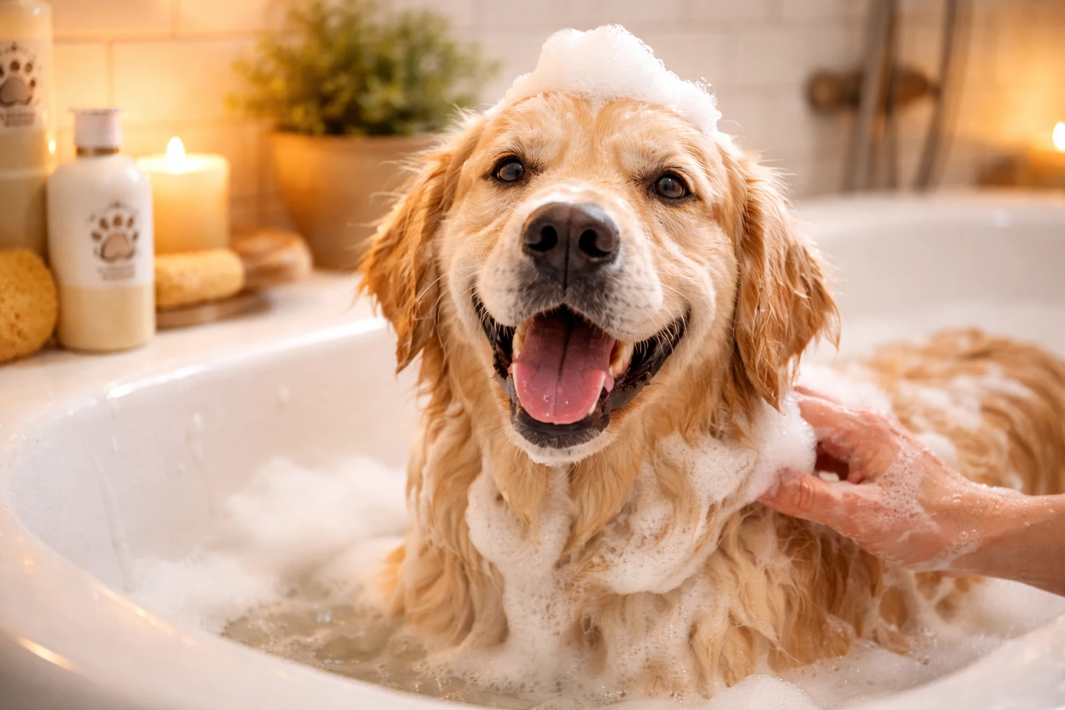 Hund in der Badewanne beim Waschen mit Hundeshampoo, zufriedener Gesichtsausdruck und warme Atmosphäre