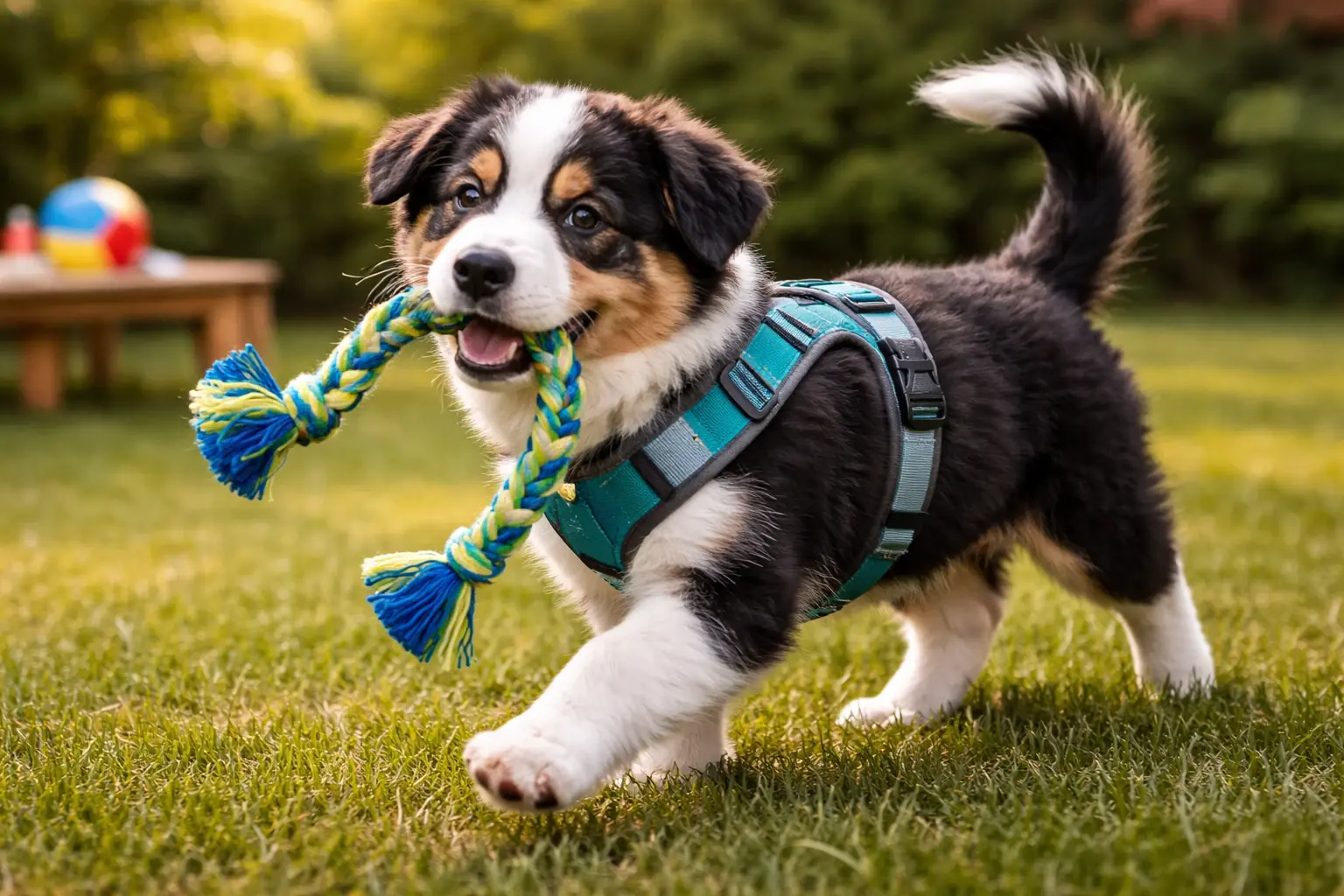 Verspielter Welpe mit mitwachsendem Hundegeschirr im Garten beim Spielen auf der Wiese